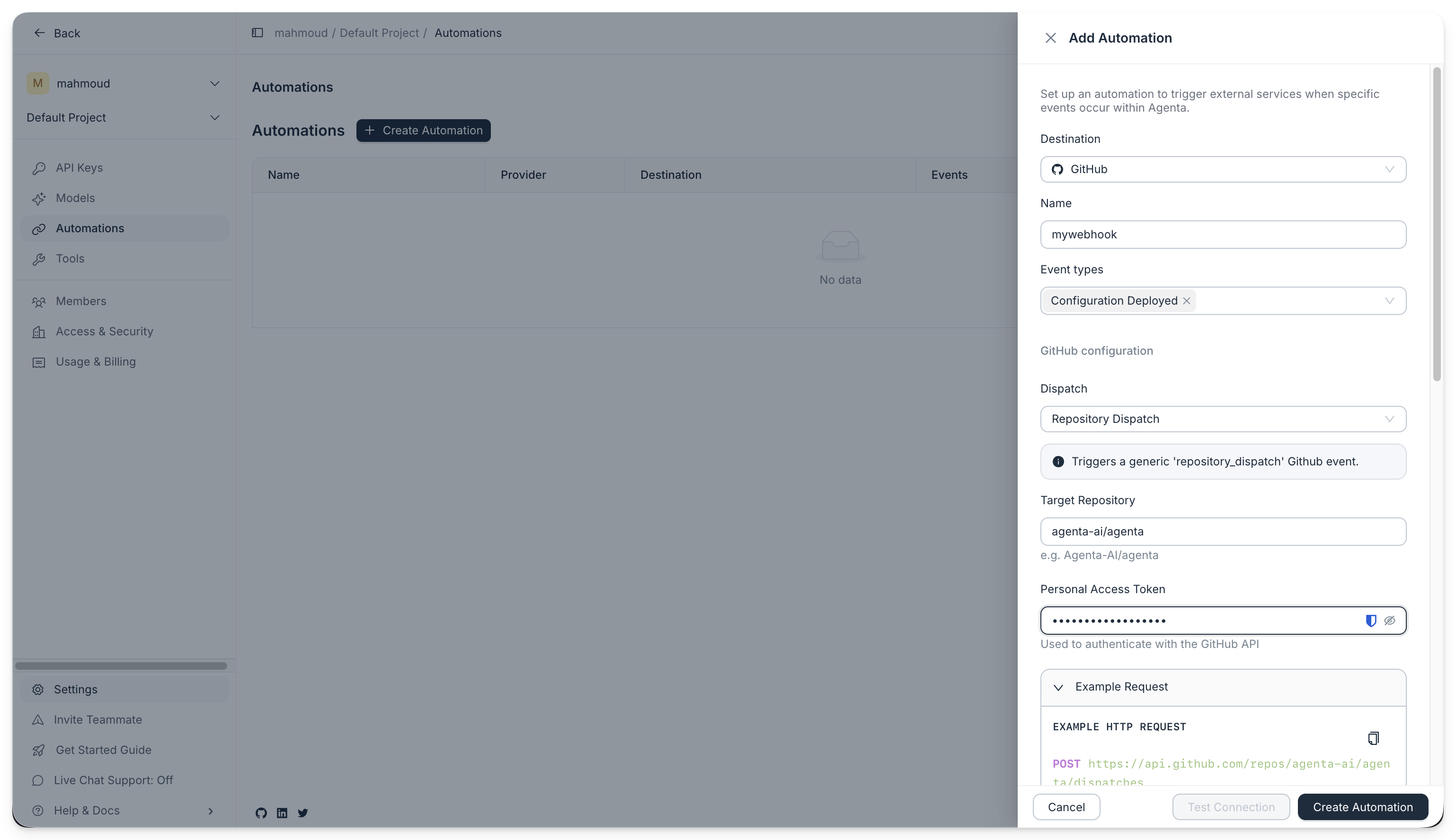 Create automation dialog for the GitHub form